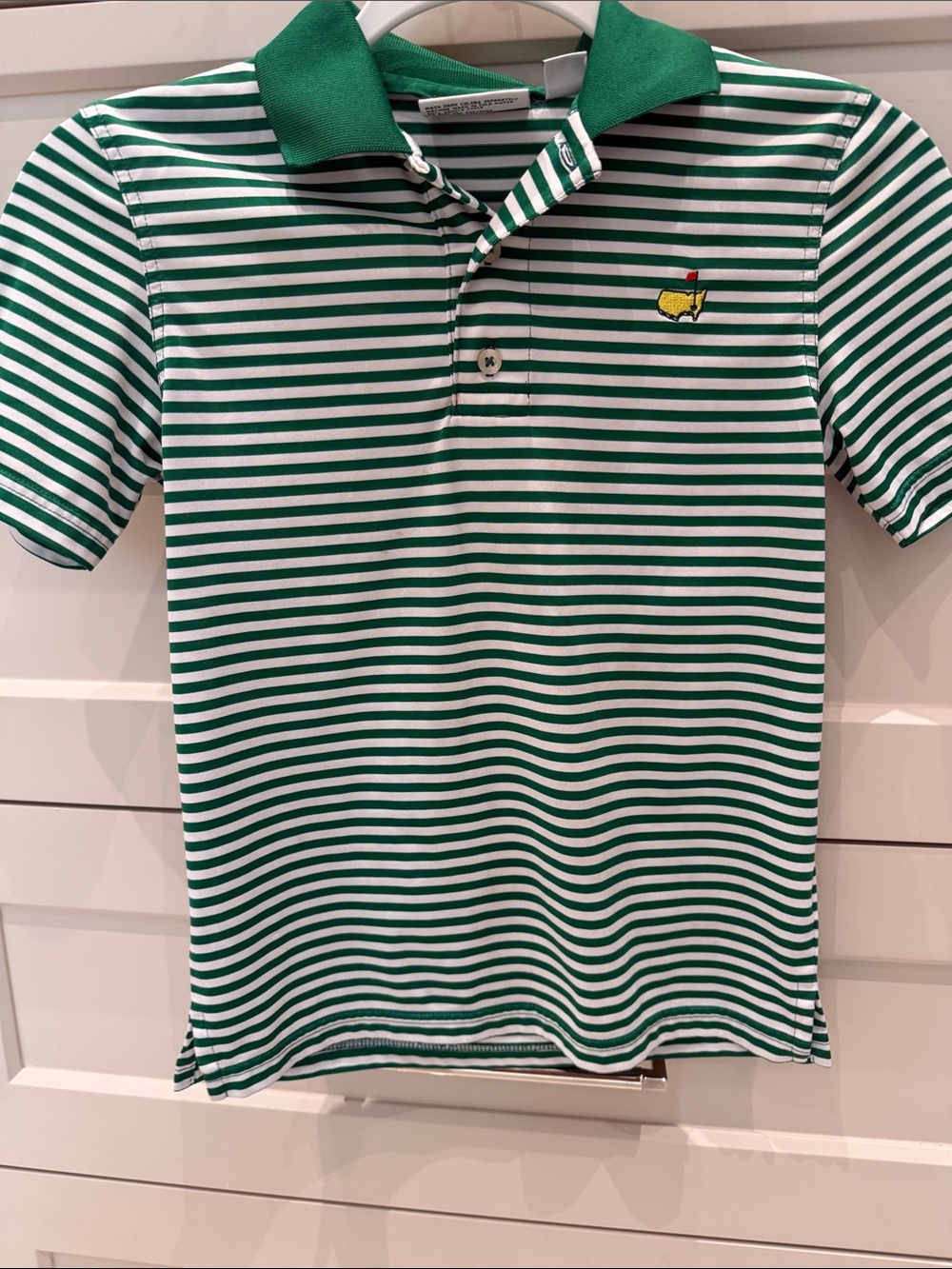 Masters Kids Green and White Striped Polo Shirt - Masters Logo